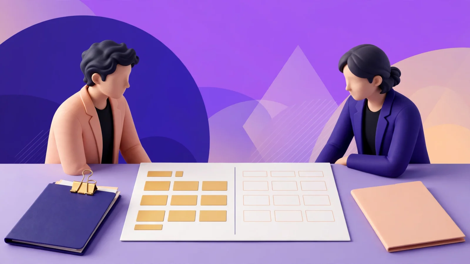A wide editorial scene of a departing founder and board member comparing a stock purchase agreement with a cap table, with a visible split between vested and unvested share blocks and no decorative text.