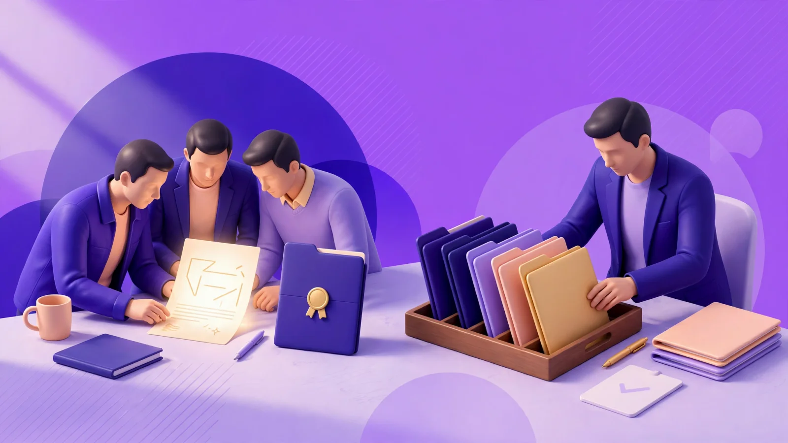 A split-scene editorial illustration showing a founder and angel group gathered around one startup opportunity on one side and a fund manager arranging several startup investments on the other, conveying concentrated SPV exposure versus portfolio construction with no legible text.