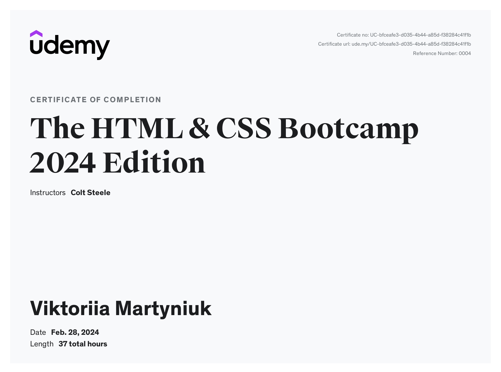 HTML and CSS 37-hour course. Certificate of completion