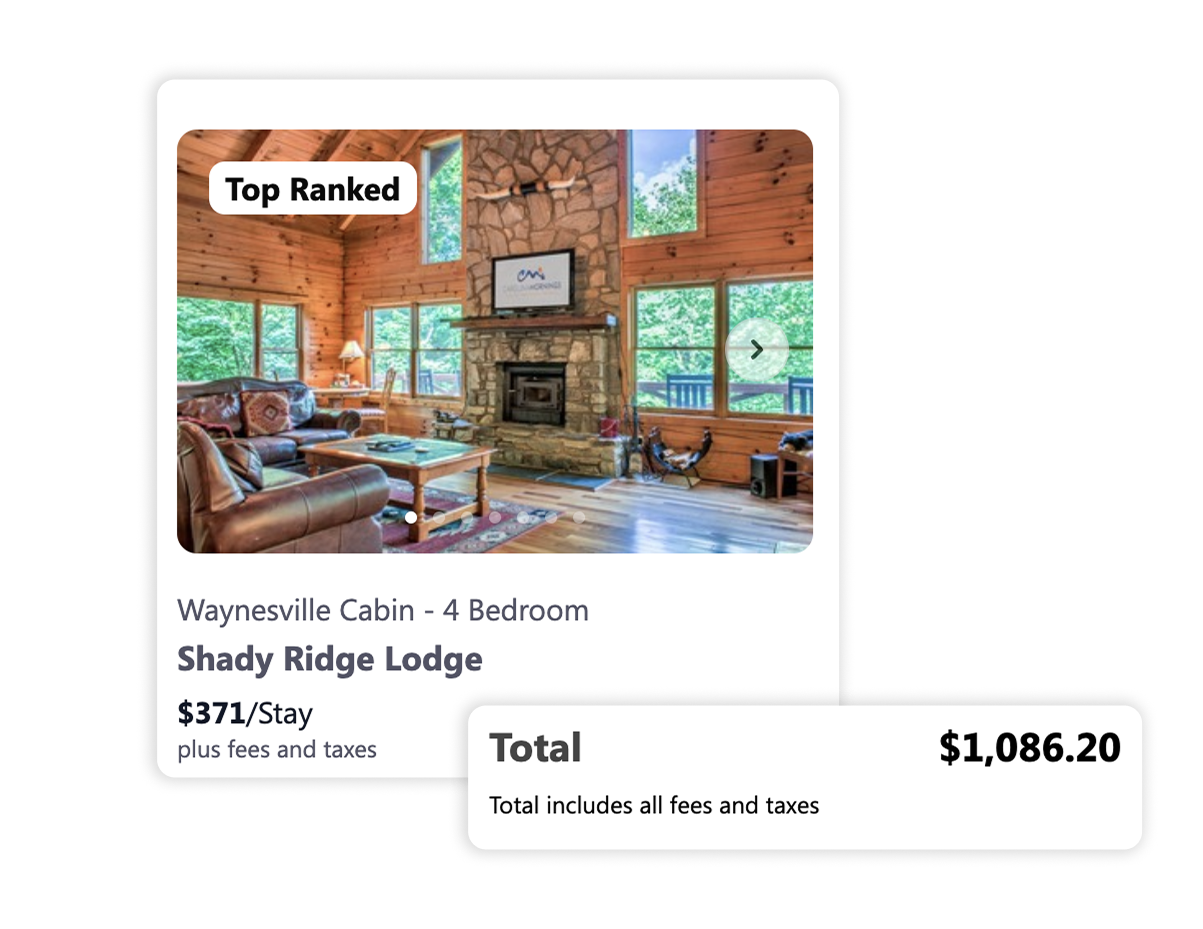 Card showing price without fees and taxes on search results, and price with fees and taxes on property page.