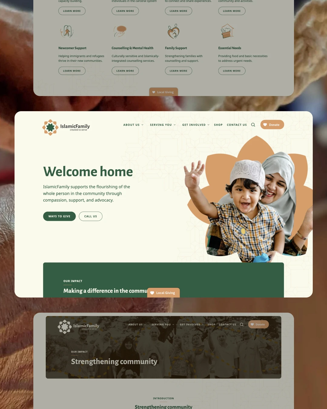 Mockup of desktop screens of Islamic Family website design, image of elder hand-knitting in the background.