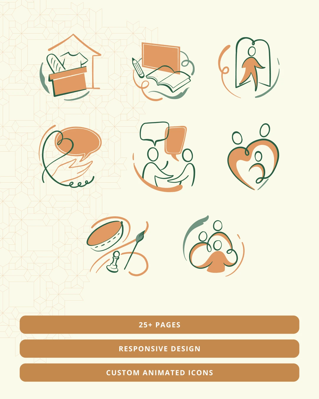 Icon designs. Text reads "25+ pages" "responsive design" and "custom animated icons"
