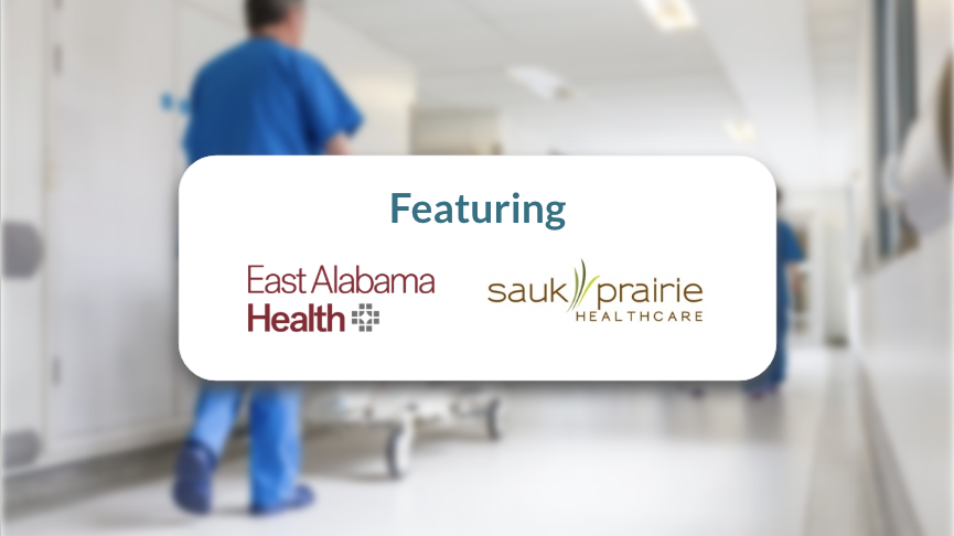 Overlaid on a background image showing a hospital hallway, a white panel with logos of East Alabama Health and Sauk Prairie Healthcare indicating they are featured in this Force Therapeutics webinar.. 