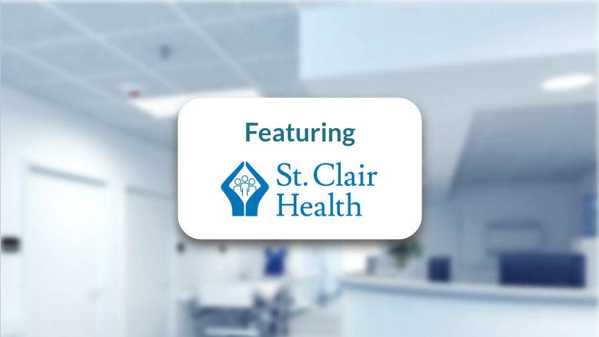 St. Clair Health Logo overlaid on blurred image of hospital hallway, with the word Featuring above it to promote an upcoming webinar.