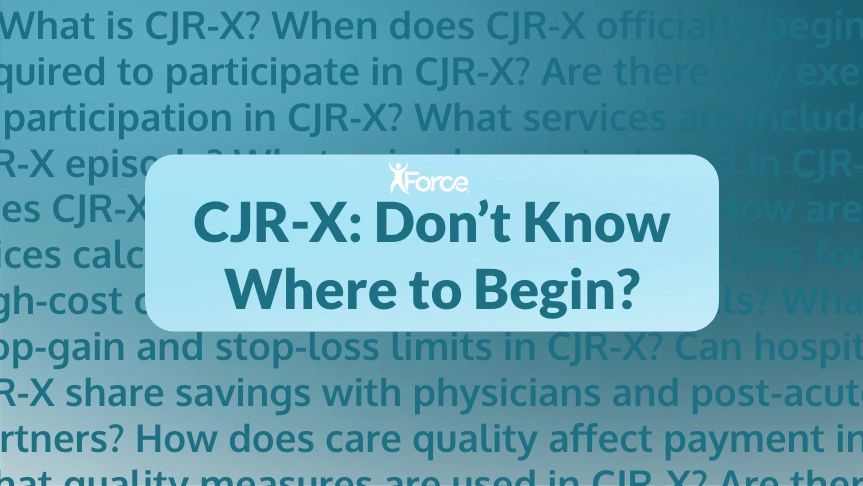 A backdrop of various questions about CJR-X with an overlay block showing the Force Therapeutics logo and text reading CJR-X: Don't Know Where to Begin?