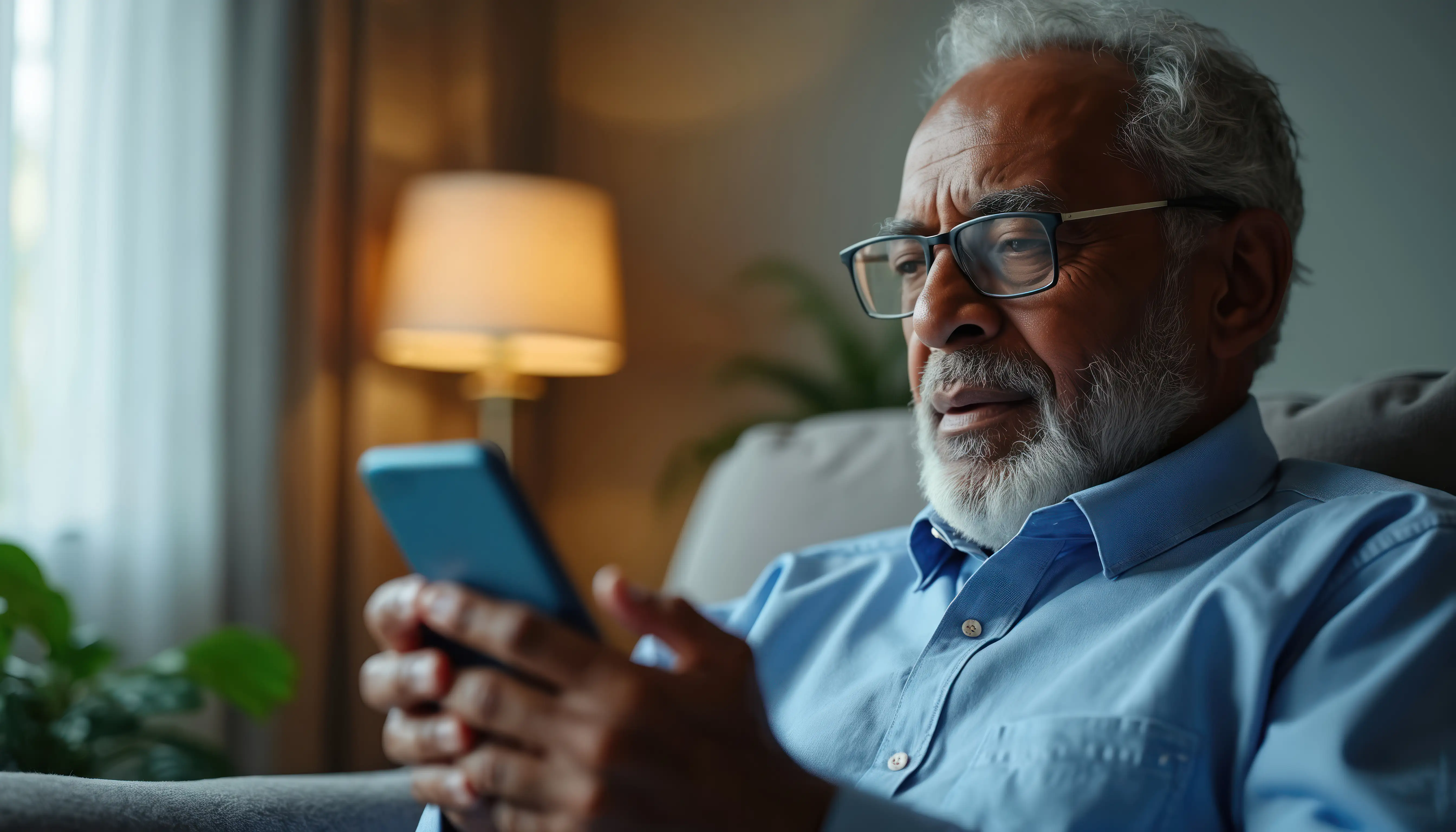 Elderly male patient at home using Force Therapeutics mobile app to communicate with care team
