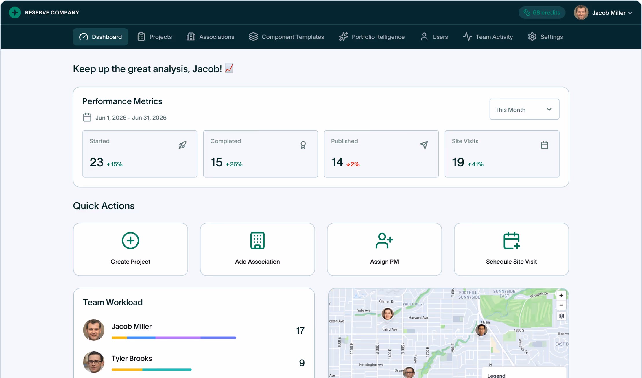 Dashboard interface showing performance metrics, quick action buttons, team workload with avatars and progress bars, and a map with team member locations.