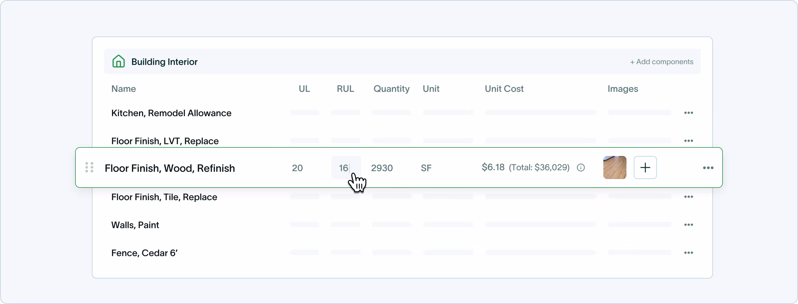 Project builder interface showing a highlighted row for Floor Finish, Wood, Refinish with details: UL 20, RUL 16, quantity 2930 SF, unit cost $6.18, total cost $36,029, and a thumbnail image of wood flooring.