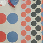Fabric samples featuring patterns of large and small dots in red, blue, coral, and black on cream backgrounds.
