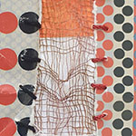 Abstract textile art with fabric pieces featuring red and black circles and brown linear patterns on beige background.