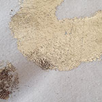 Close-up of peeling beige paint on a white wall revealing rough underlying surface.