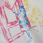 Watercolor sketch of a person walking past abstract pink geometric shapes and yellow patterns.