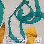 Close-up of abstract green brush strokes and torn yellow paper pieces on white textured background with partial printed text below.