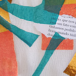Abstract collage of torn paper with colorful shapes and partial text in Spanish.