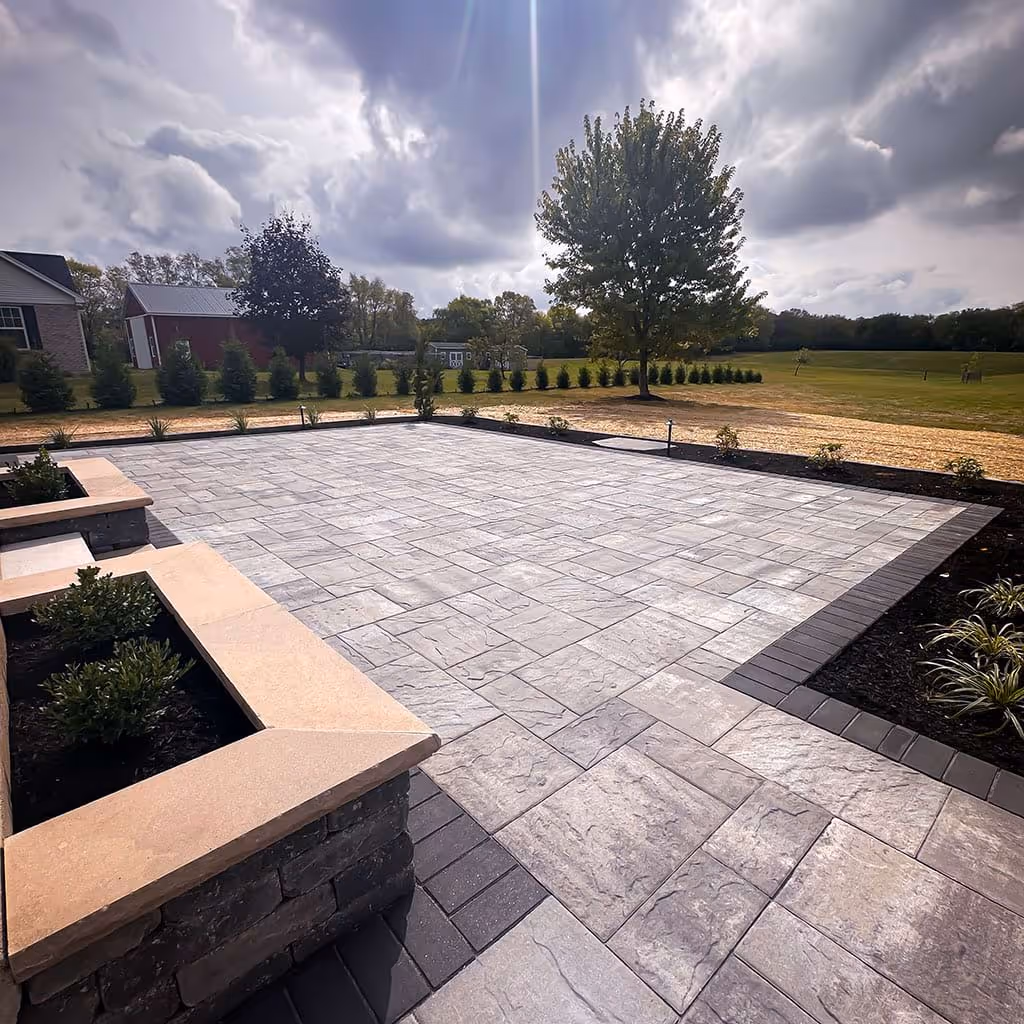 Landscape features with modern paver patterns
