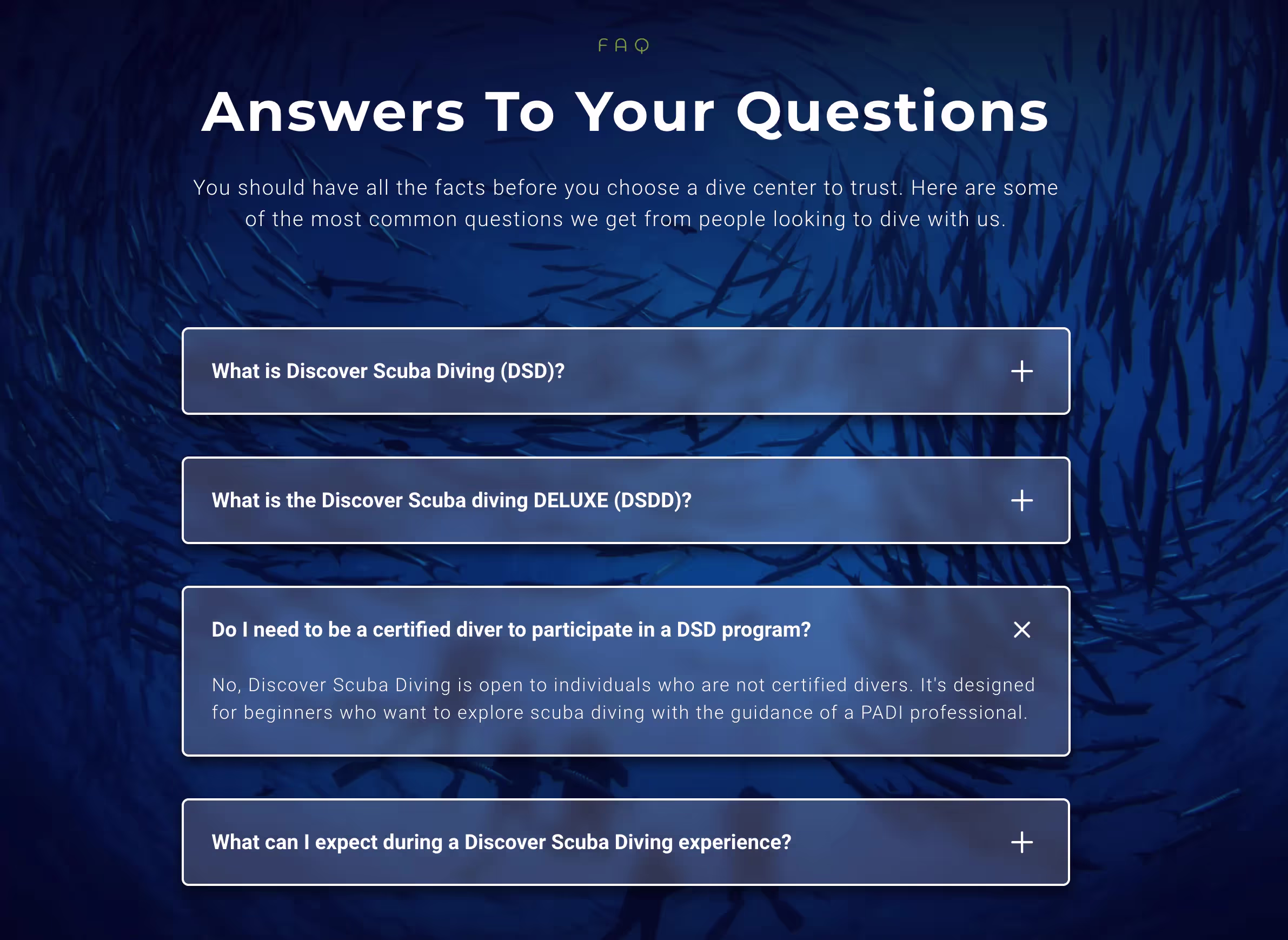 FAQ section of a scuba diving website