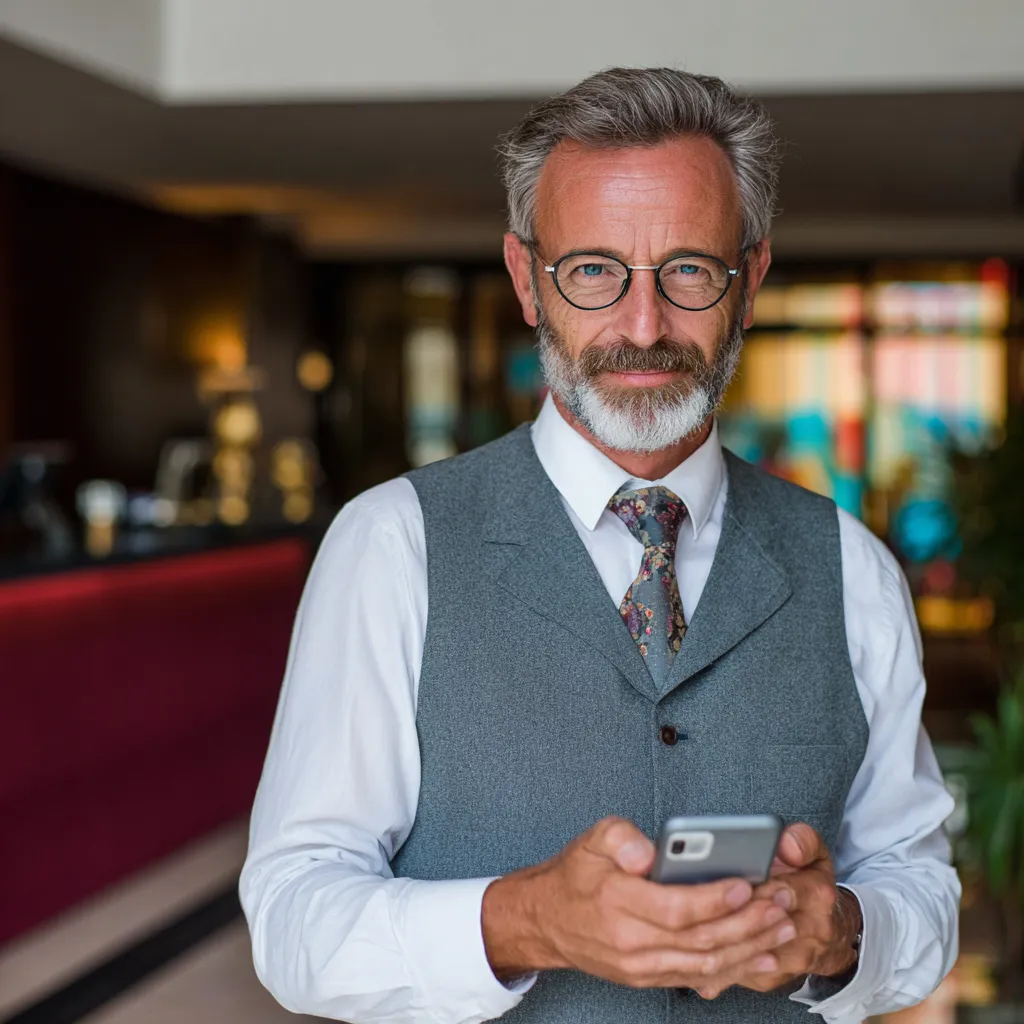Hotel worker at reception using picture-based checklist for hospitality