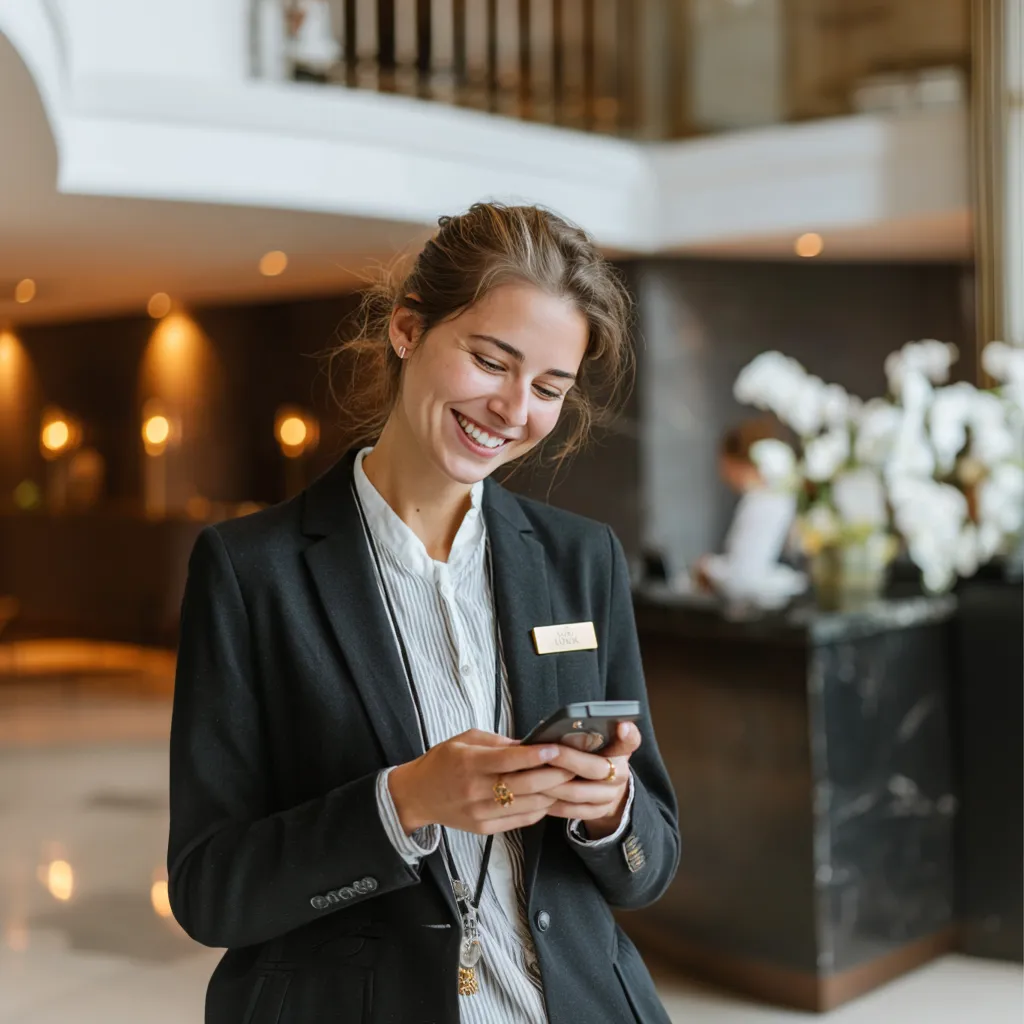 Female hotel manager using team coordination app for hospitality