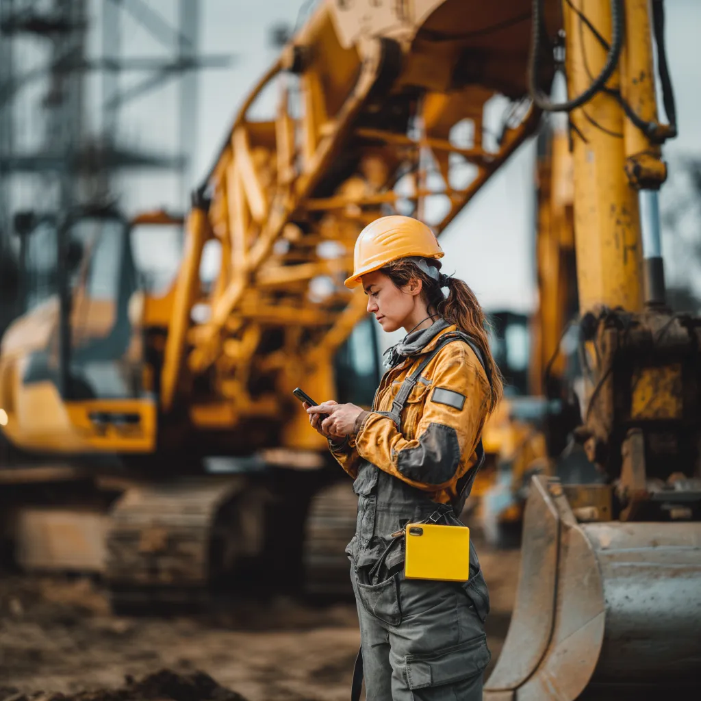 Female construction worker in a construction site using easy construction project tracking app with photos.