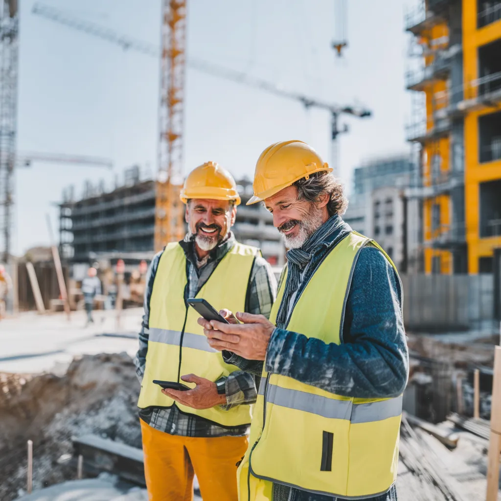 Construction worker and architect in job site using best construction task tracking app. 