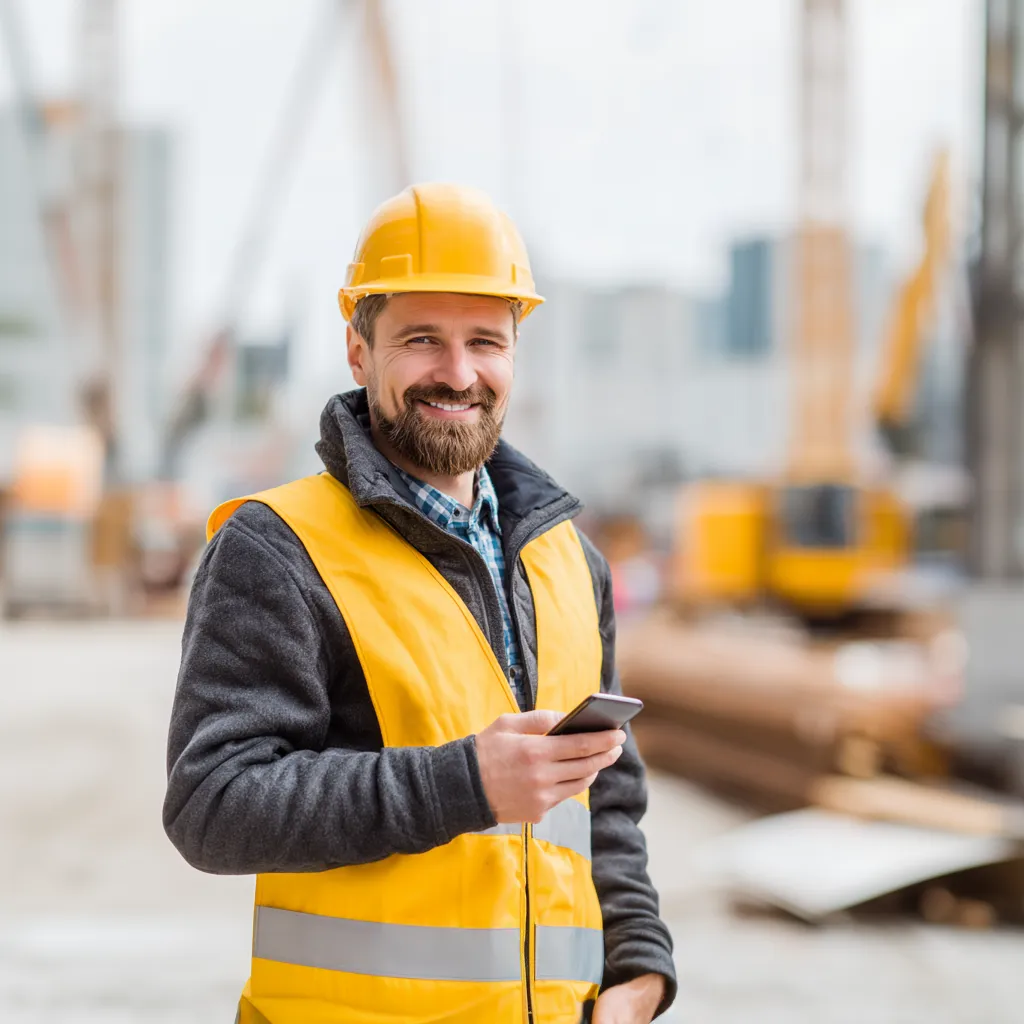 Construction worker construction site background solving construction site communication solutions.
