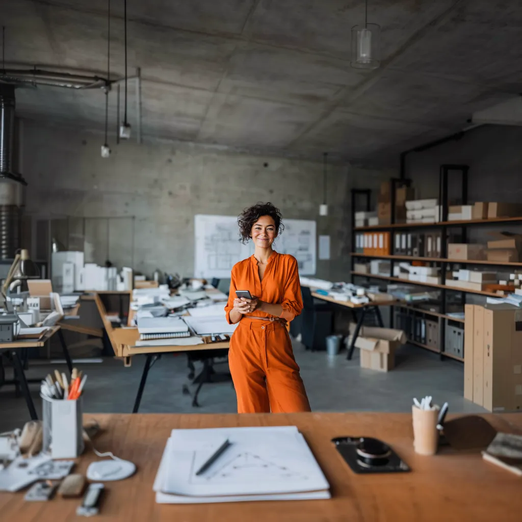 Woman architect in studio holding cellphone using job site task management software.