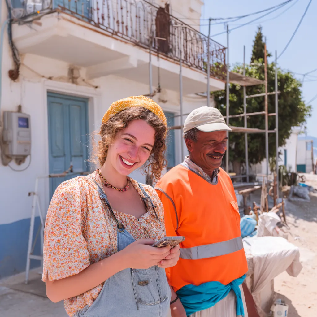 Expat and local using best apps for living in a foreign country in construction site 
