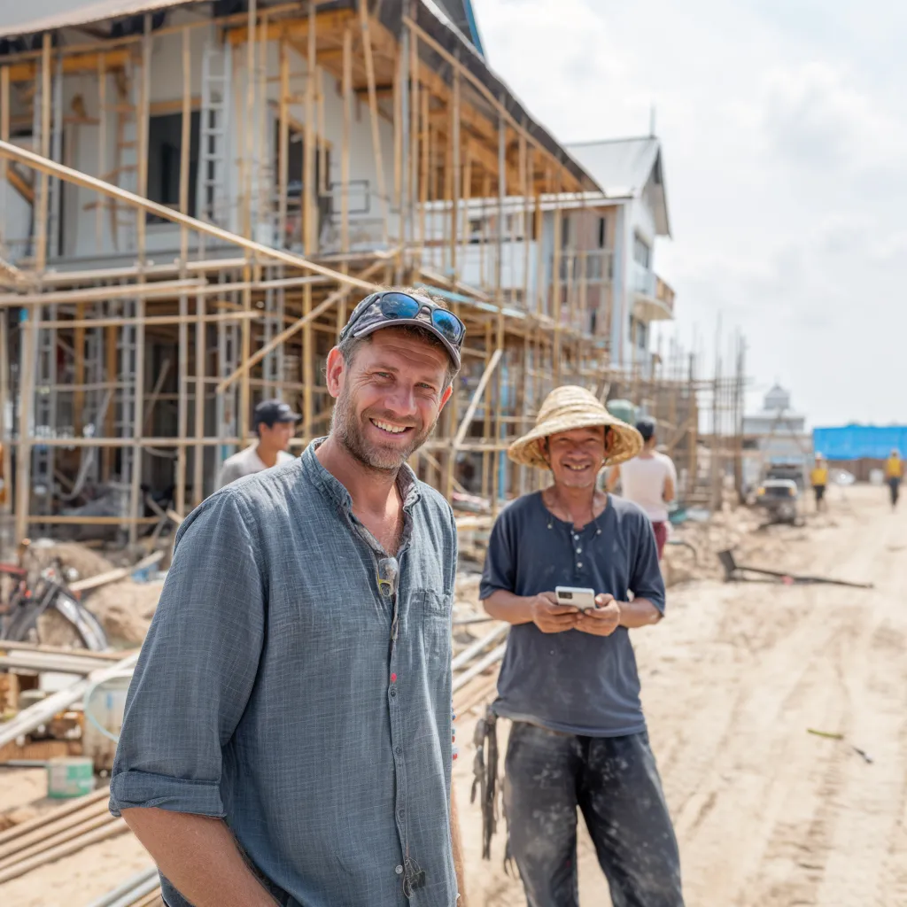 Expat and local using language barrier survival app in construction site 