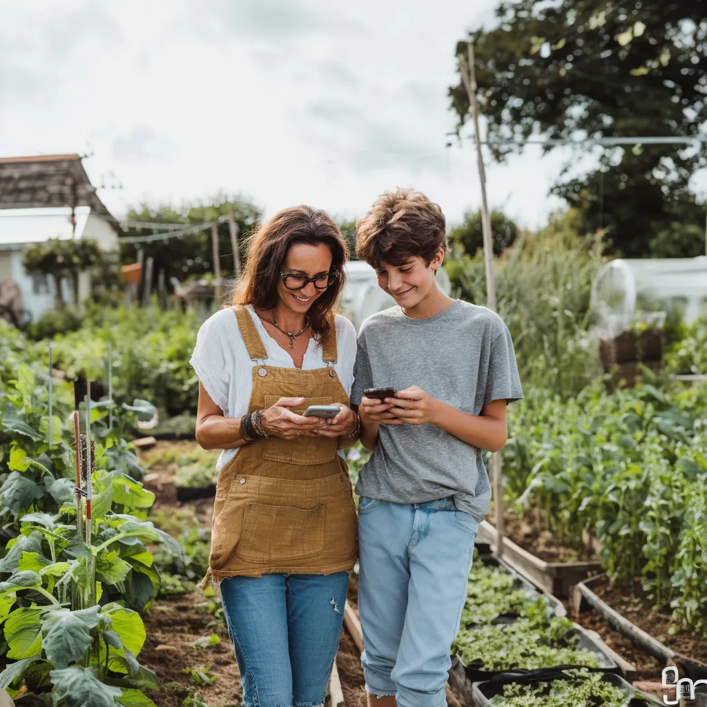 Mom and son at the garden using family chore app
