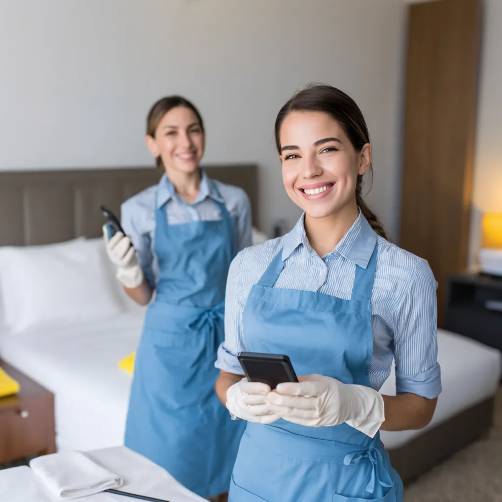 Two cleaners in 5 star hotel room using app for cleaner task confirmation