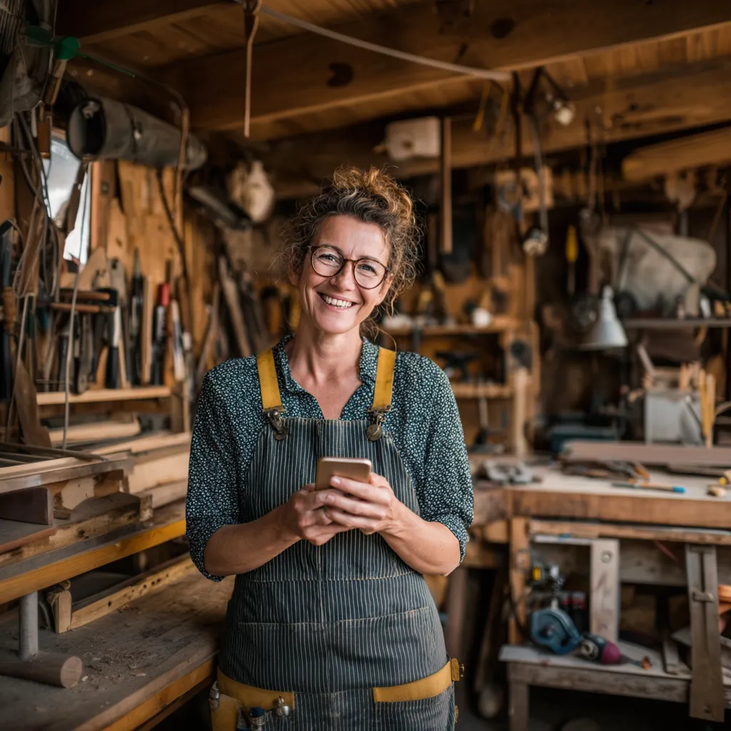 Female carpenter in workshop using task manager for repairmen