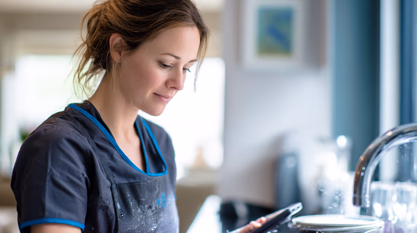An excited housekeeper navigating through her tasks in the kitchen.