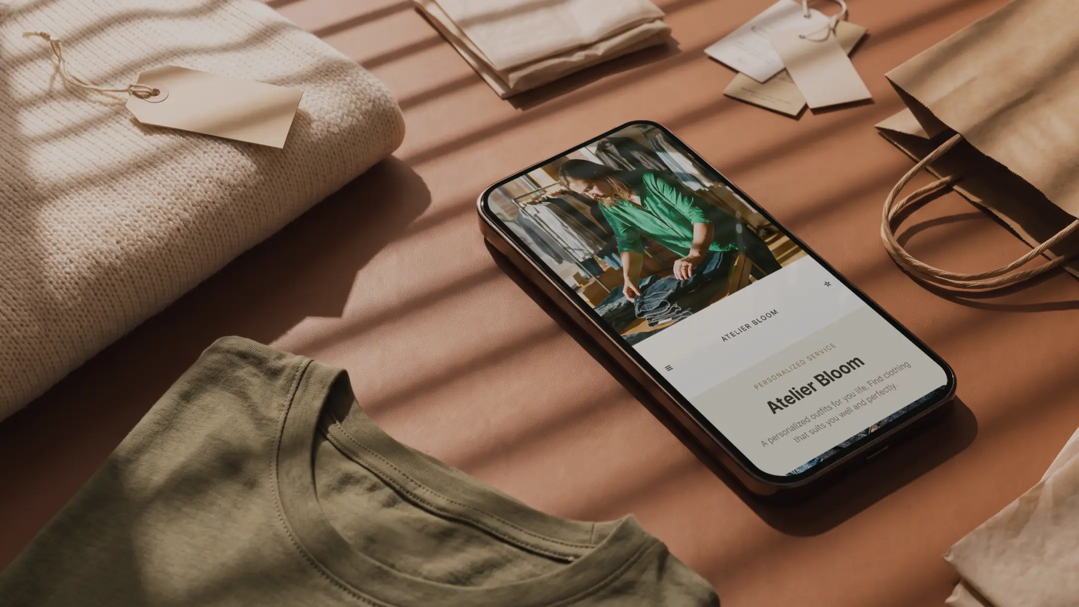 Smartphone displaying Atelier Bloom clothing site surrounded by folded clothes and a paper bag on a table.
