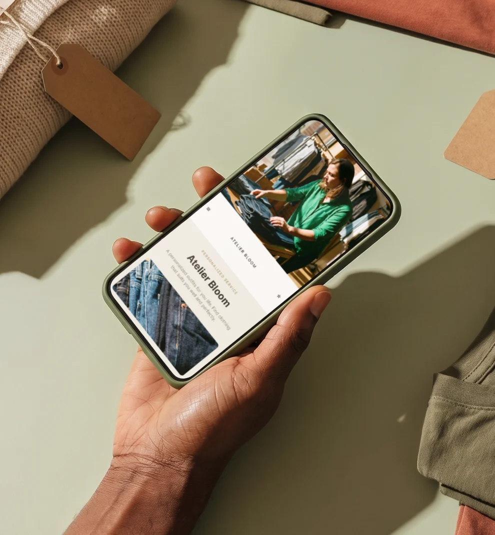 Hand holding smartphone showing a page about Atelier Bloom with woman folding clothes.