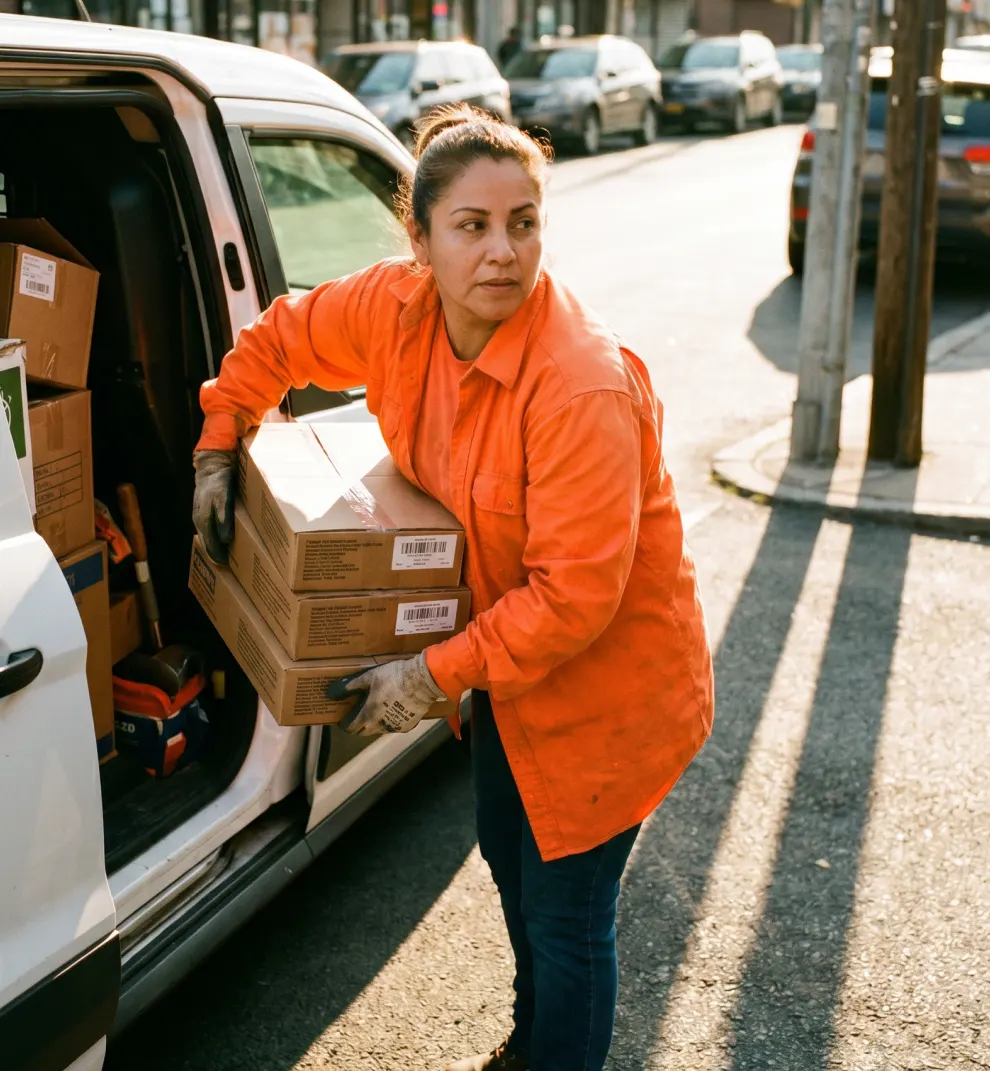 Delivery worker unloading boxes from white cargo van on city street