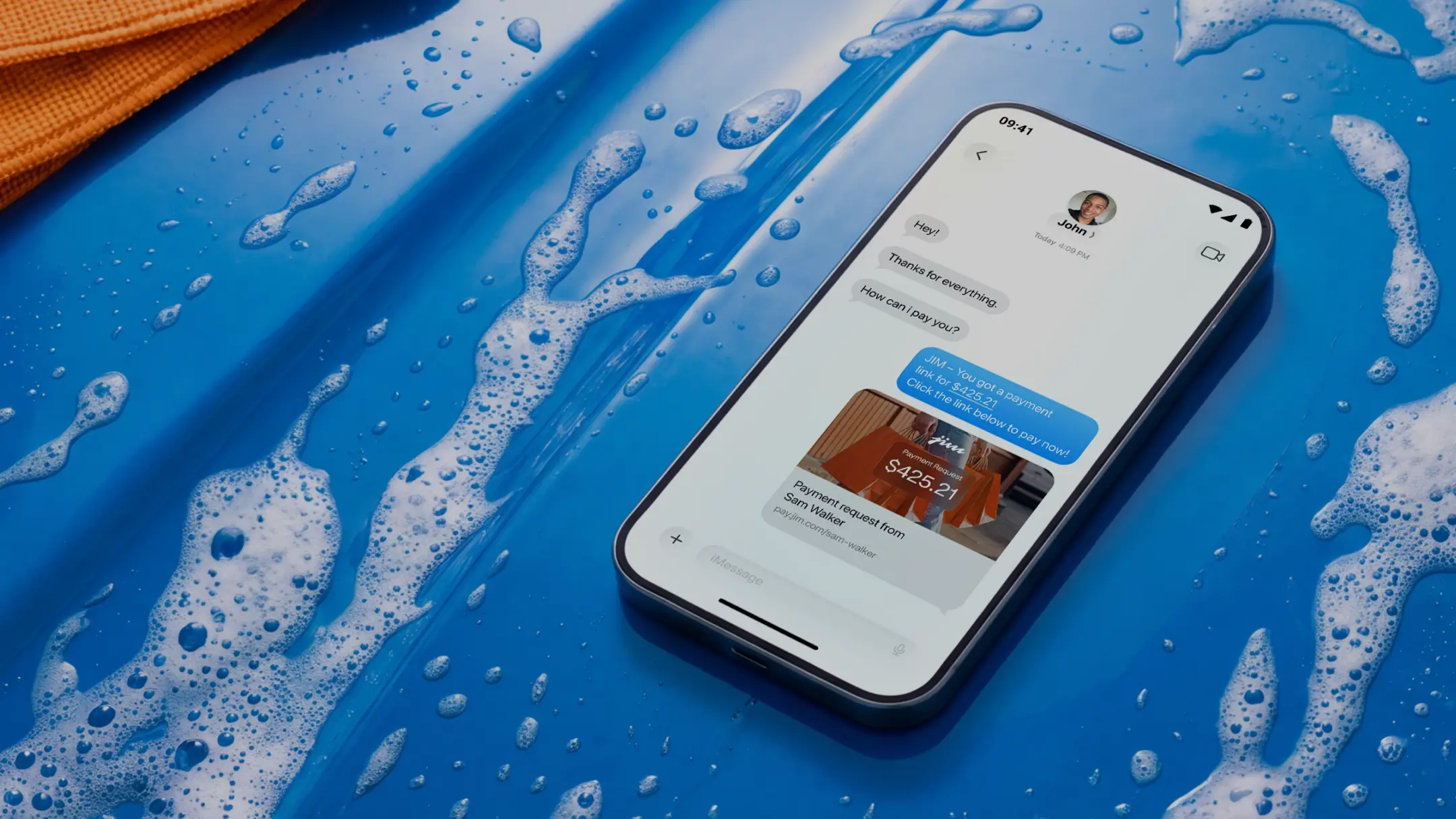 Smartphone on blue wet surface showing a payment request message for $425.21 from Sam Walker.