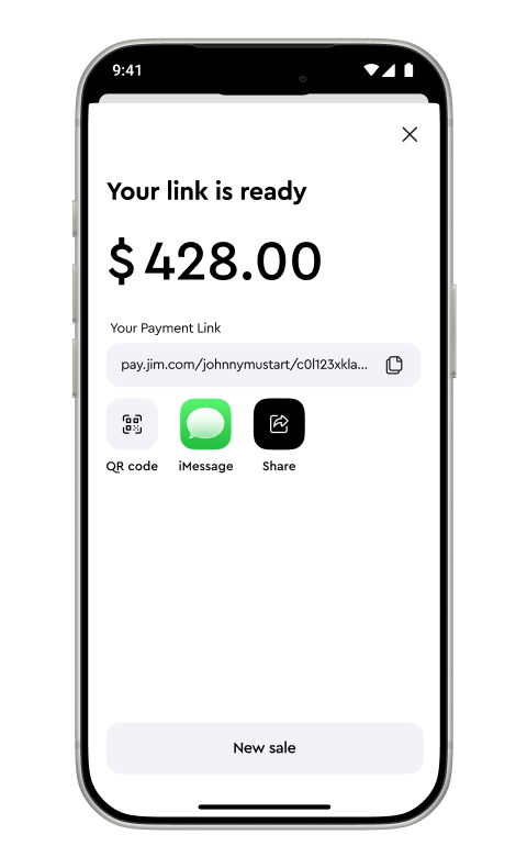 Jim app Your link is ready screen for $428.00 with pay.jim.com URL and share options