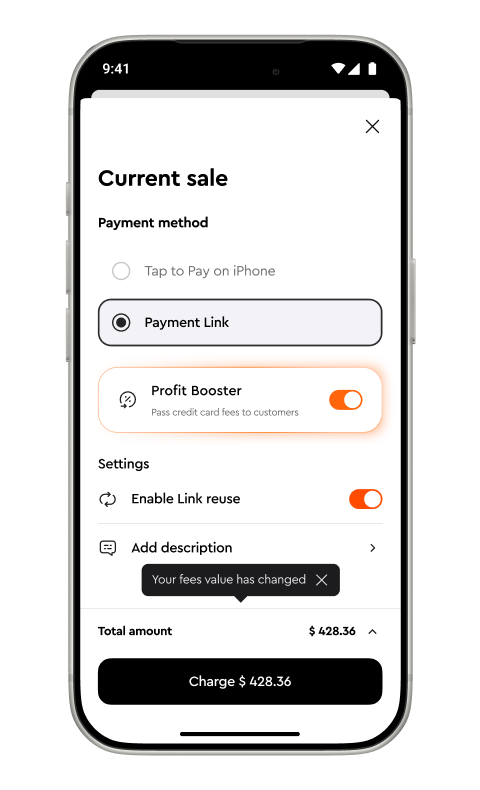 Jim current sale screen with Payment Link selected, Profit Booster on, and Charge $428.36 button