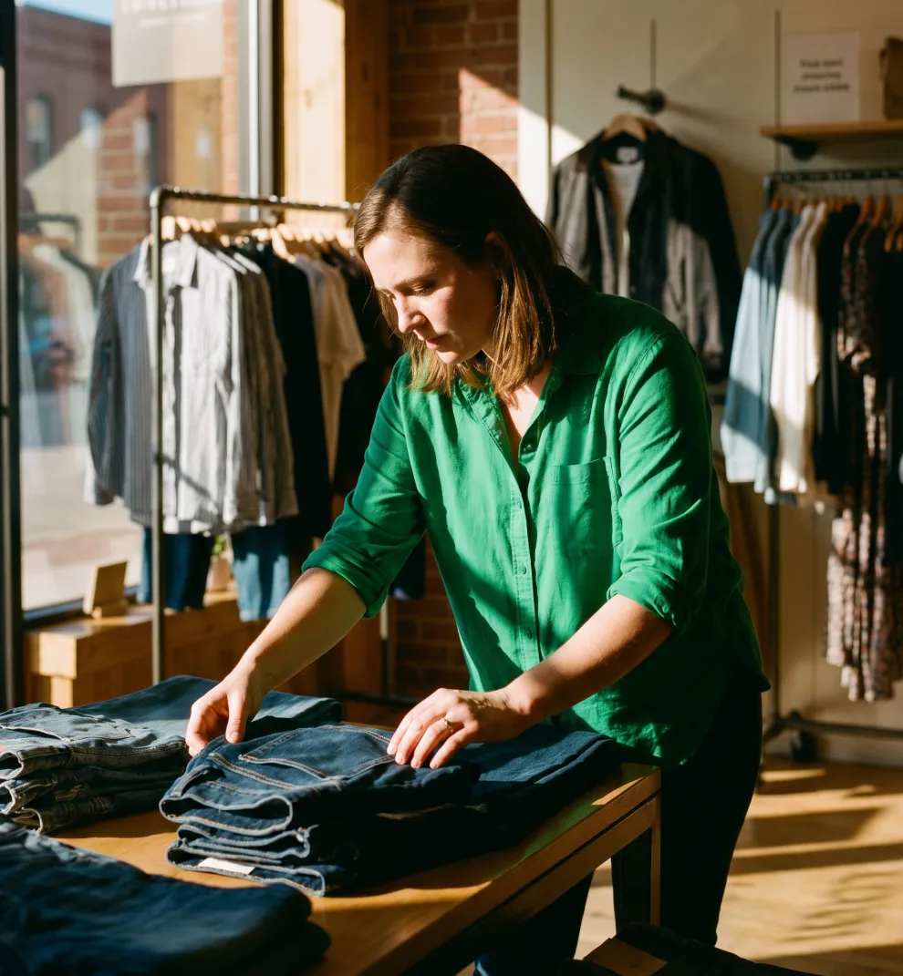 Boutique owner folding denim jeans on table in sunlit store