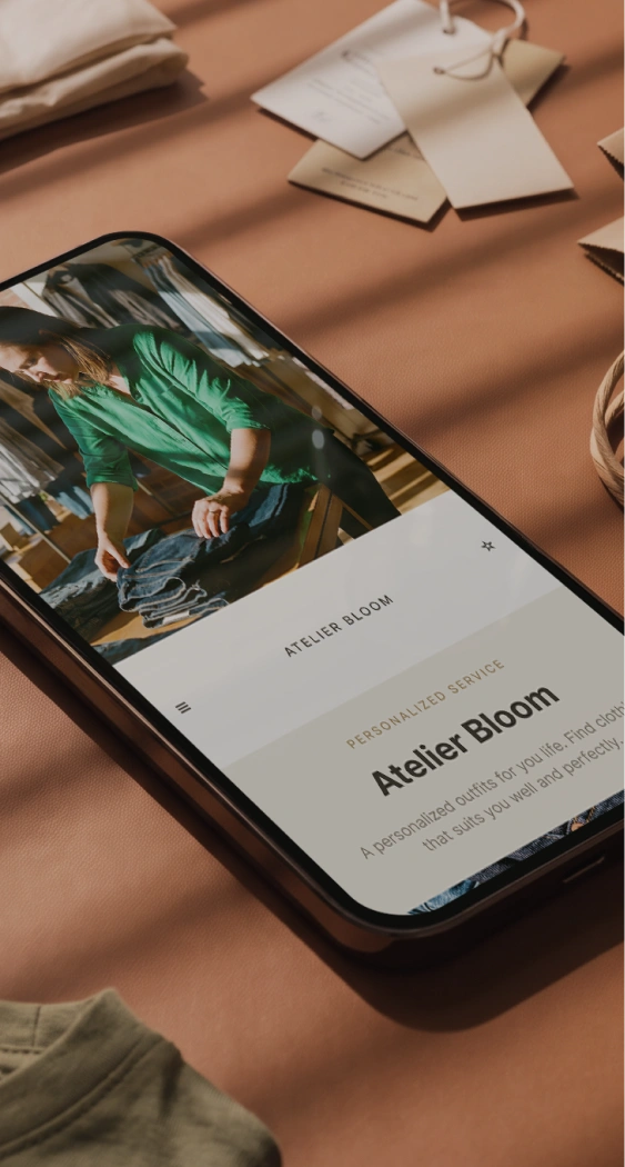 Smartphone on brown surface showing a website with a woman folding clothes in a green shirt.
