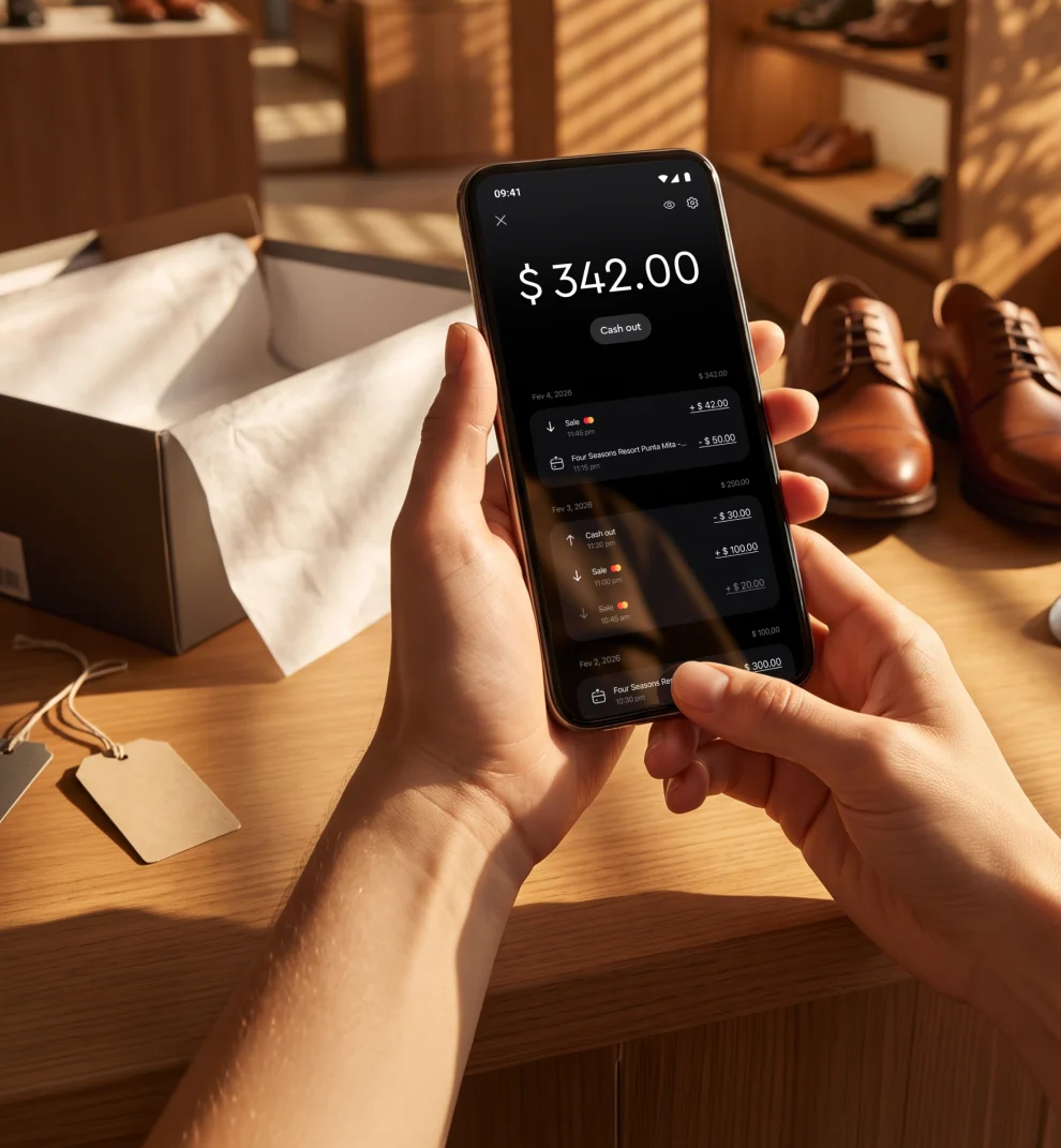 Hands holding smartphone showing digital wallet app with $342 balance and transaction history.