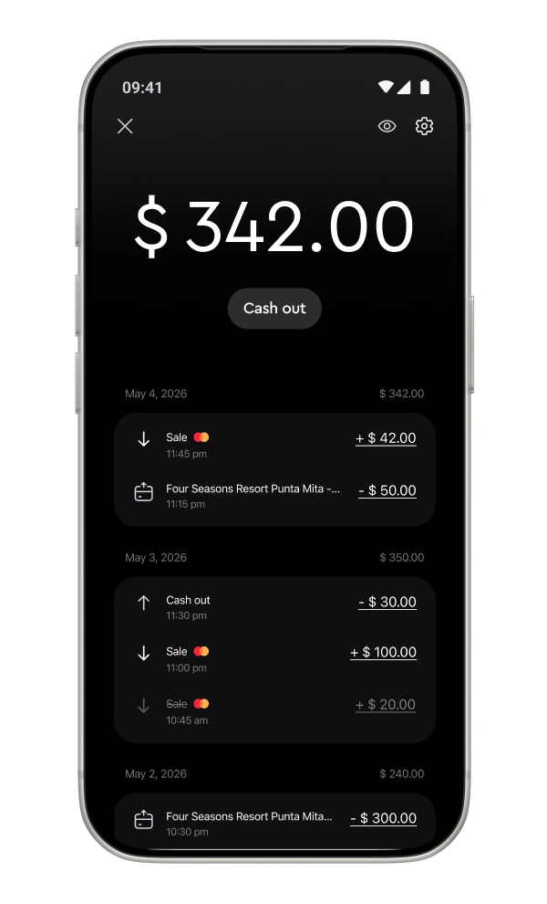 Jim app shows $342.00 balance with daily sales, cash outs, and card transactions listed