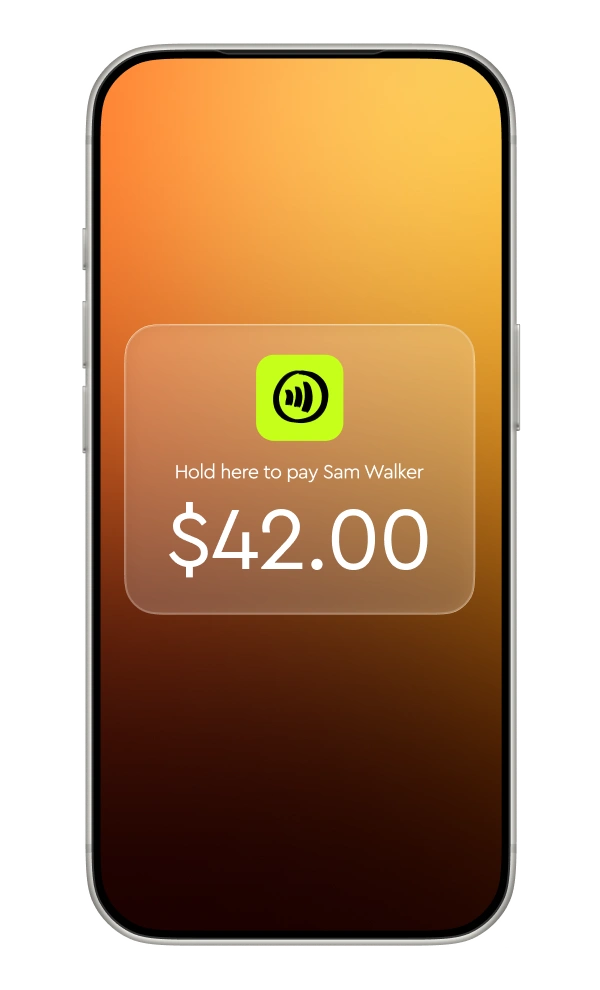Jim tap-to-pay screen on orange gradient showing Hold here to pay Sam Walker $42.00