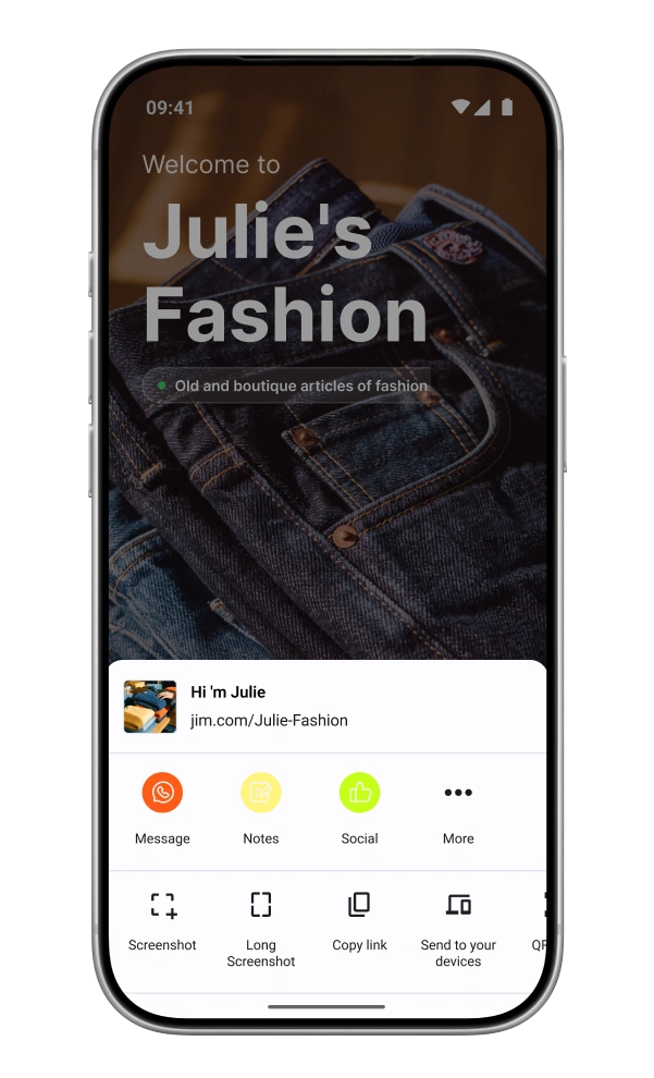 Julie's Fashion website on phone with denim background and share menu for jim.com/Julie-Fashion