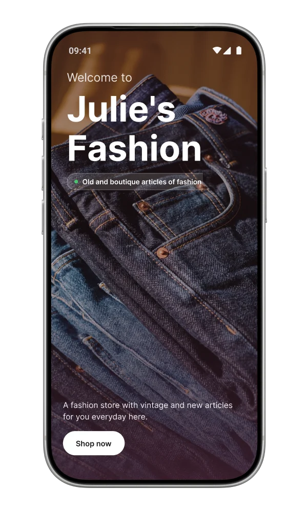 Julie's Fashion mobile page with stacked jeans, Welcome headline, tagline, and Shop now button