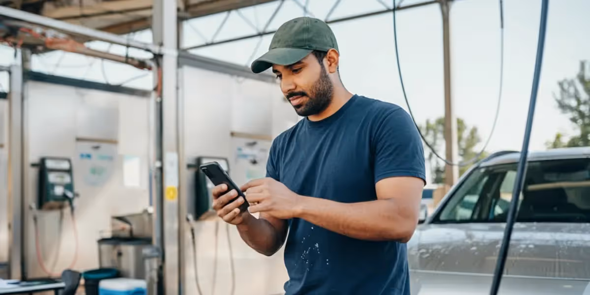 How to make money on your phone: man checks smartphone at self-service car wash.