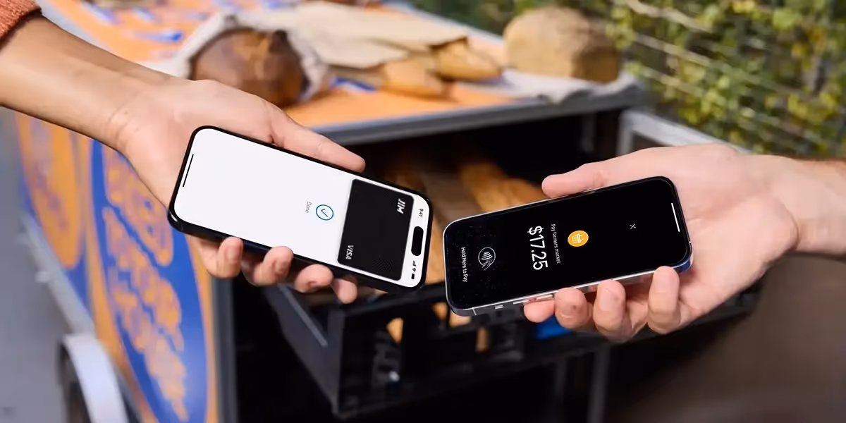 how to use tap to pay on iphone with one person holding an iPhone showing a $17.25 charge and another tapping a card through Apple Pay.