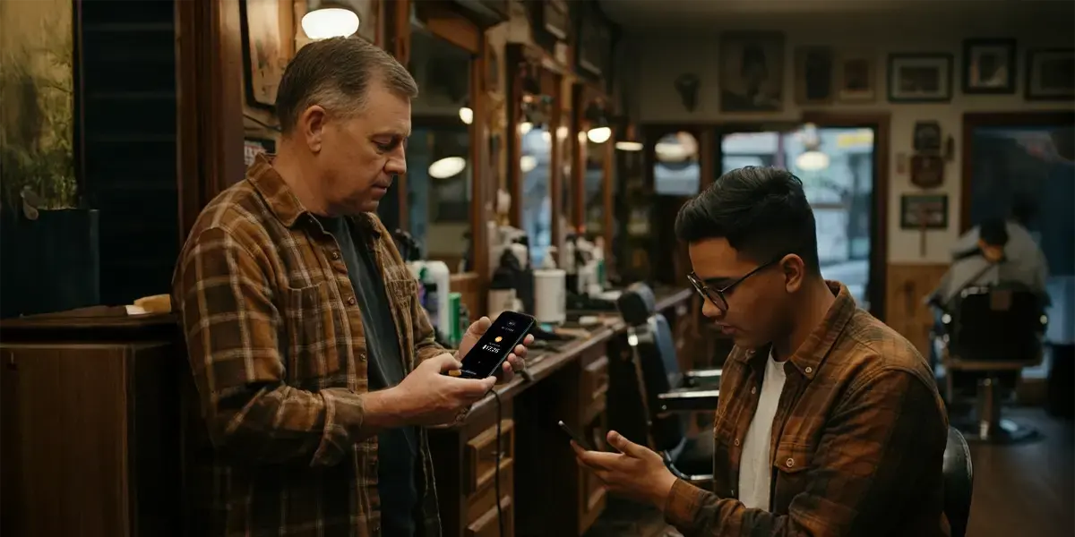 how does tap to pay work a barber receives a mobile payment from a customer using tap-to-pay smartphones in a barbershop.