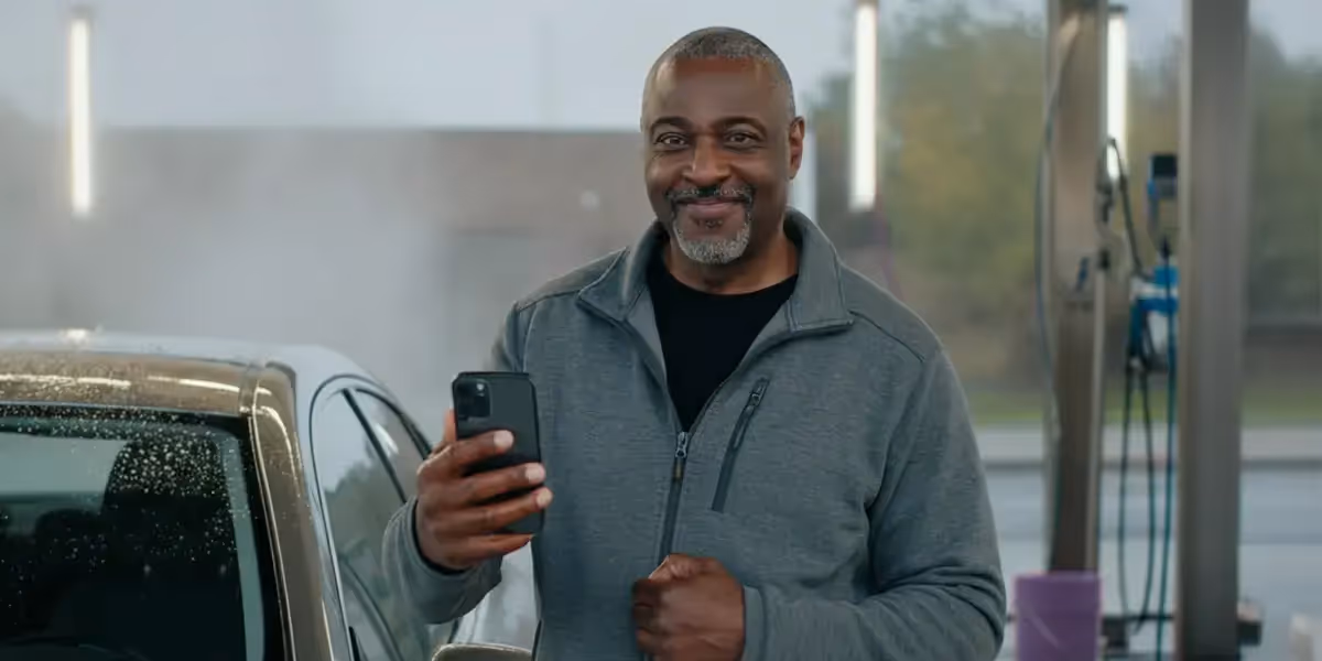 best credit card processing for small business man smiling while holding smartphone beside a car at a car wash station