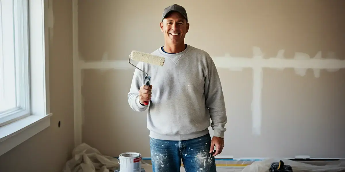 credit cards for new businesses with no credit history man painting an interior wall with a roller in a room under renovation